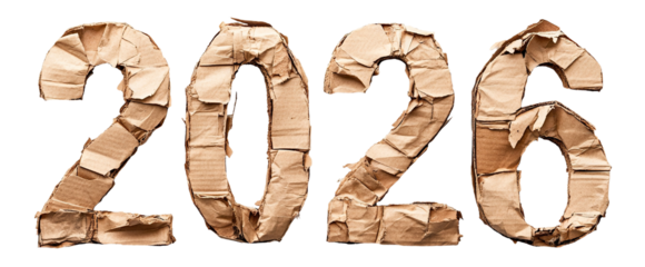Torn cardboard 2026 numbers with rugged texture, isolated on transparent cutout background