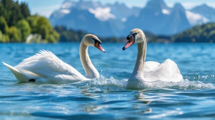 Obraz premium Two elegant swans gracefully swimming in a serene lake surrounded by majestic mountains