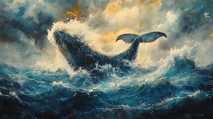Fototapeta premium A dramatic watercolor of Jonah being expelled from the whale’s mouth amidst a tumultuous sea, waves splashing high, and storm clouds parting to reveal sunlight, the scene captured with soft,