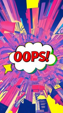 A colorful background with a large red and green bubble that says "Oops!". The bubble is surrounded by a lot of other shapes and colors