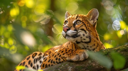 Fototapeta premium Majestic jaguar resting on a branch amidst vibrant green foliage in a lush jungle setting