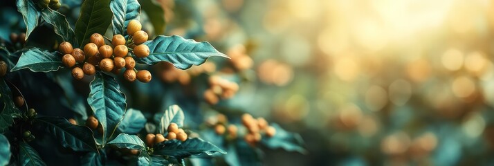 Coffee Plantation Sunrise: Lush Green Leaves and Ripe Coffee Cherries