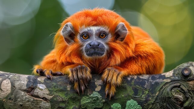 Vibrant orange monkey perched on a tree branch, surrounded by lush greenery in a serene forest