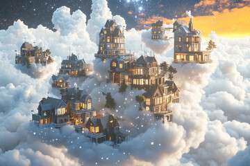 Fototapeta premium Enchanted village nestled among clouds with glowing windows under a starlit sky