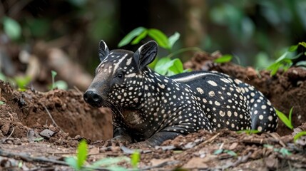 Obraz premium Spotted animal resting in a forested area surrounded by lush greenery and soft soil
