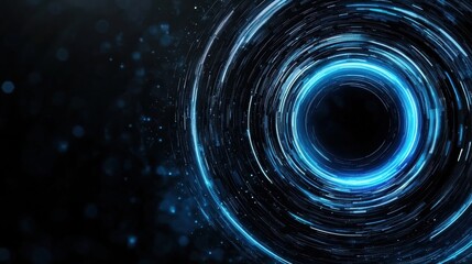 A digital illustration of a black hole with a bright blue ring around it.