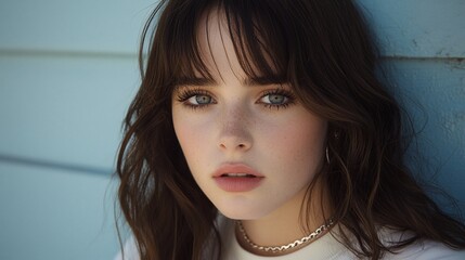 Woman, blue wall, beach, summer, portrait, fashion, beauty, headshot