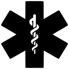 Star of Life Medical Symbol: A stark black and white illustration of the Star of Life, a globally recognized symbol for emergency medical services, featuring the Rod of Asclepius at its center.  