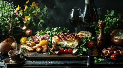 Table set with various fresh vegetables and a plate of food with menu in realistic photography