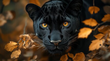 A black leopard with golden eyes in a jungle in the autumn season. Black leopard looking at the camera surrounded by leaves.