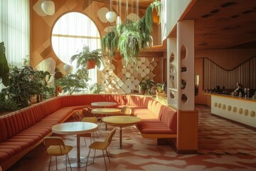 Fototapeta premium retro-futuristic 70s coffee shop interior with geometric patterns, warm earth tones, hanging plants, and mid-century modern furniture bathed in natural light