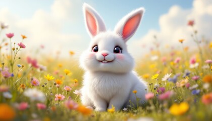 Fluffy friend in a floral field: A whimsical image of a white rabbit sitting amidst a colorful meadow, evoking a sense of springtime joy and lighthearted wonder, perfect for delightful designs