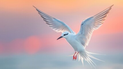 A graceful white bird soaring against a colorful sunset over a serene ocean backdrop