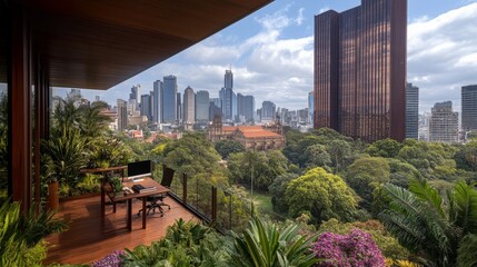 Naklejka premium Urban Oasis Rooftop Workspace with City View