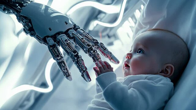  Future, technology, ai, innovation, discovery concept. Futuristic interaction: robot hand gently reaching towards cute baby. 