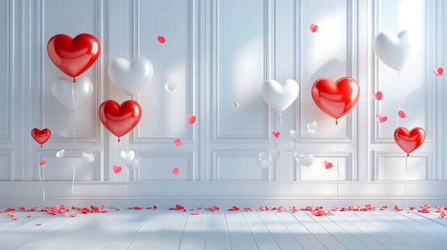 Romantic Valentine's Day backdrop with heart-shaped balloons and flowers. A beautiful, white room adorned with heart-shaped red and white balloons, flowers, and scattered heart-shaped petals.