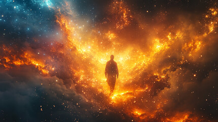 Obraz premium Cosmic Silhouette Man Walking Through Fiery Nebula Spiritual Journey Abstract Art Dark Hope Space 