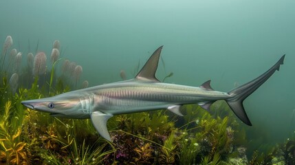 Fototapeta premium A graceful shark swimming through lush underwater vegetation in a serene ocean environment