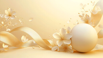 Elegant Gold Ribbon and Blossoms on a Light Beige Background, This image showcases a beautiful arrangement of delicate white blossoms and flowing gold ribbon against a soft, light beige backdrop.