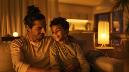 Fototapeta premium Father and son sharing a joyful moment on a cozy evening in a warmly lit living room