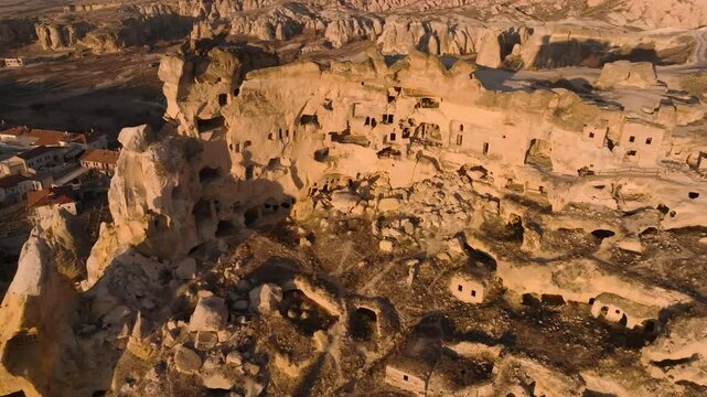 Drone view of the &Ccedil;avuşin Kalesi castle caves in the sunset rays in Cappadocia