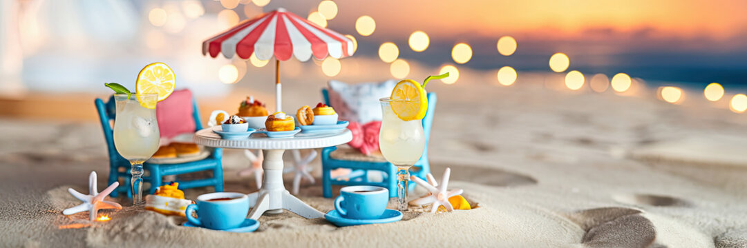 Idyllic Beach Sunset Scene Miniature Tea Party with Cocktails and Treats