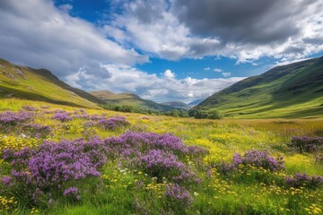 Obraz premium rolling meadow of emerald grass stretching to horizon, dotted with wildflowers beneath dramatic cumulus clouds in azure sky