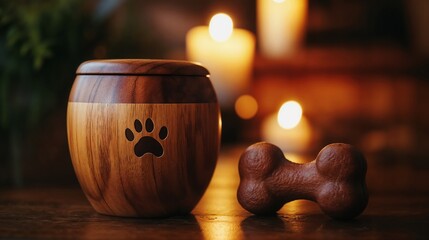 Wooden pet memorial urn with a carved paw print, placed beside a bone-shaped toy and soft candlelight, love, remembrance, and honoring a beloved dog’s memory with warmth,sentimentality.