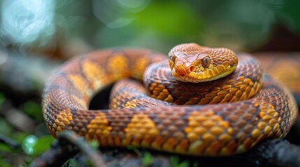 Obraz premium Close-up of a vibrant orange and brown snake coiled on a branch in a lush green forest