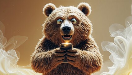 Cartoon Bear Using Smartphone Bright Eye Contact Funny Rendered Character