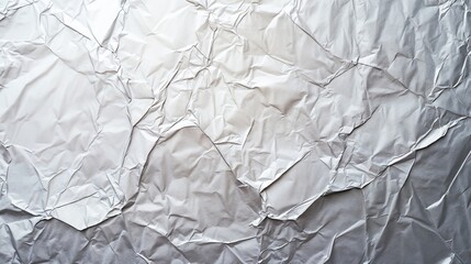 Crumpled silver foil surface with textured wrinkles and folds, creating an abstract metallic background, highlighting light reflections, shadows, depth, and modern industrial design for creative proje
