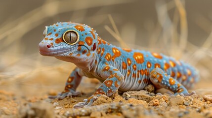 Obraz premium Colorful gecko crawling on sandy ground with dry grass in the background, showcasing its vibrant patterns