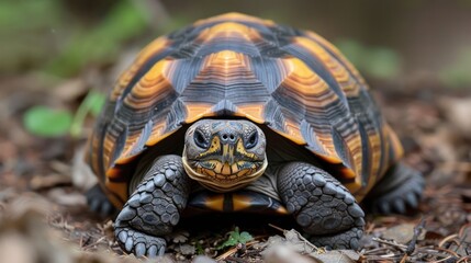 Obraz premium Close-up of a vibrant tortoise resting on the forest floor surrounded by greenery and leaves