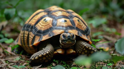 Obraz premium Close-up of a vibrant tortoise in a lush green forest, surrounded by foliage and natural light