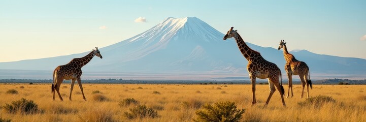 Fototapeta premium Three giraffes graze peacefully, Kilimanjaro's snow-capped peak in the distance, travel, beauty, herbivore