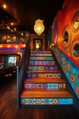 Colorful Restaurant Staircase, Moroccan Decor, Dining Area, Interior Design