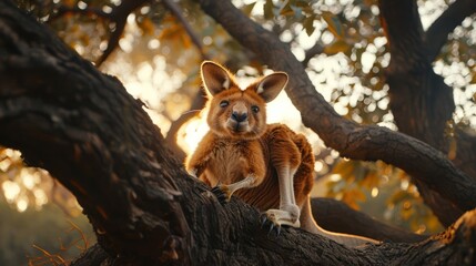A kangaroo perched on a tree branch during sunset, surrounded by a serene natural landscape