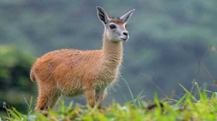 Young animal standing in a lush green landscape with blurred background and soft rain