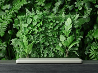 Fototapeta premium A lush green wall of plants sits on a wooden surface, showcasing vibrant foliage and a natural aesthetic, perfect for enhancing indoor spaces.