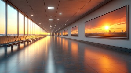 Obraz premium Airport corridor sunset ads waiting