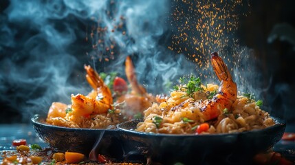 Bowl of shrimp and rice fusion dish with vegetables and sauces on wooden table