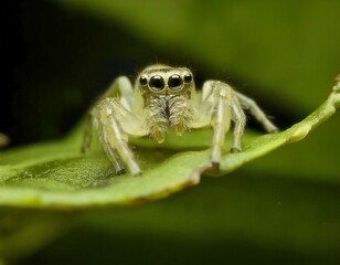 Naklejka premium A macro shot of a white jumping spider on a leaf