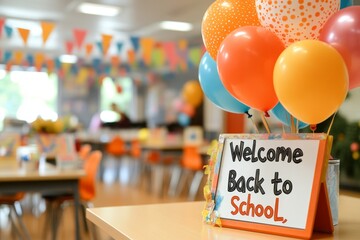 A classroom decorated with colorful banners reading "Welcome Back to School," with balloons and student artwork displayed