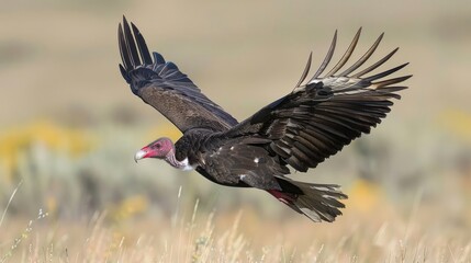 Obraz premium Turkey vulture soaring gracefully over golden grasslands with distant mountains in background