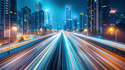 Nighttime cityscape with illuminated skyscrapers and light trails from busy traffic on highway