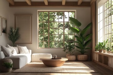 Fototapeta premium scandinavian living space flooded with natural light, minimalist furniture, lush indoor plants, organic textures