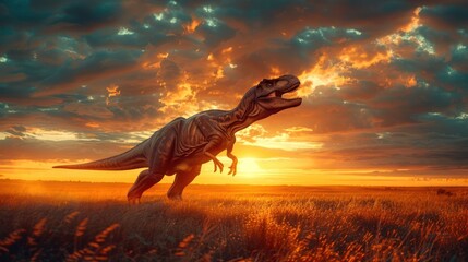 Fototapeta premium A roaring dinosaur stands majestically against a vibrant sunset in an open field