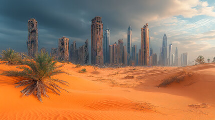 Ruined Cityscape Desert Sands Dramatic Skyline Orange Hues Abandoned Buildings art ruins urban decay