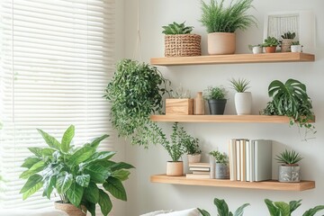 scandinavian-inspired living room corner with floating wooden shelves, lush indoor plants, curated book collection, soft natural lighting