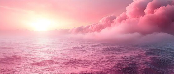 Naklejka premium A tranquil seascape at sunrise, featuring soft pink and purple hues in the water and clouds, creating a serene and dreamy atmosphere.